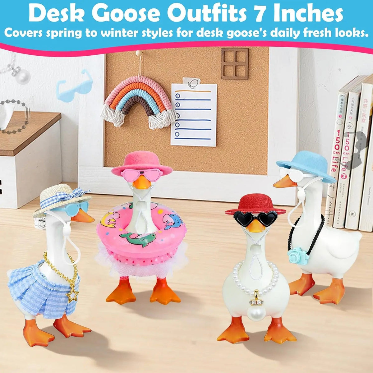 Desk Goose Outfits 7 Inches, 12 PCS Mini Desk Goose Clothes with Hats, Sunglasses, Bikini,Swimming Ring, Dresses for Magnetic Porch Goose Key Holder Decor & Office Gifts