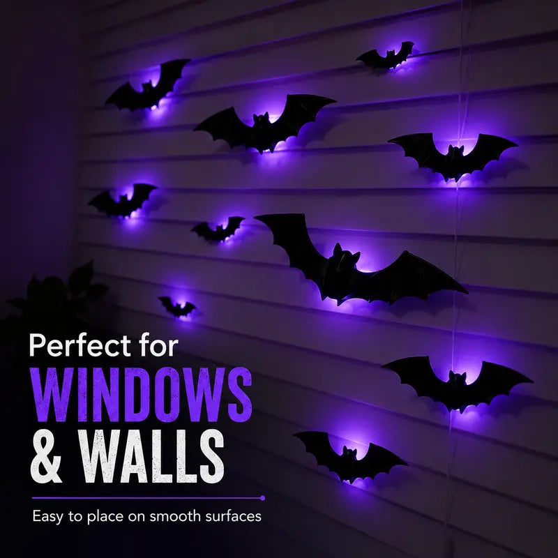 🦇 3D LED Bat Wall Decorations – Bendable Glow-in-Dark Halloween Decor for Walls, Windows & Parties