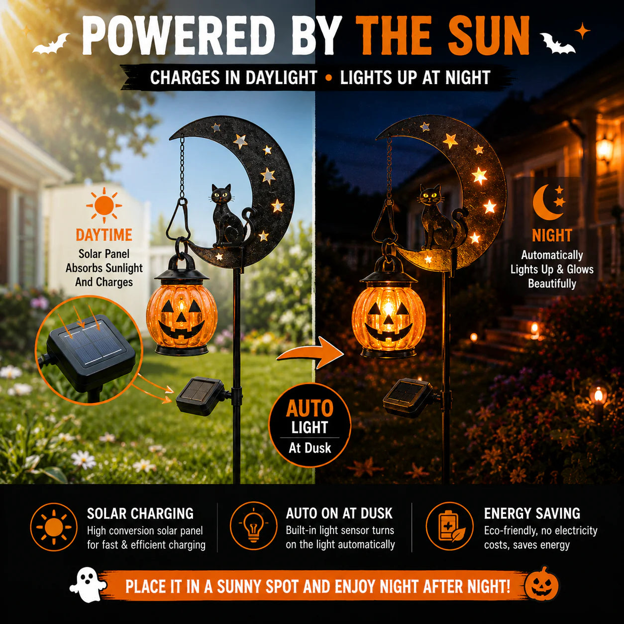 Solar Powered Pumpkin Moon Garden Stake Light