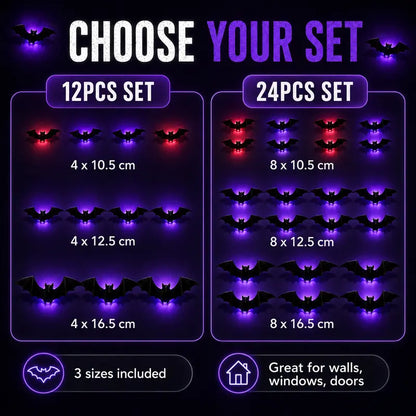 🦇 3D LED Bat Wall Decorations – Bendable Glow-in-Dark Halloween Decor for Walls, Windows & Parties