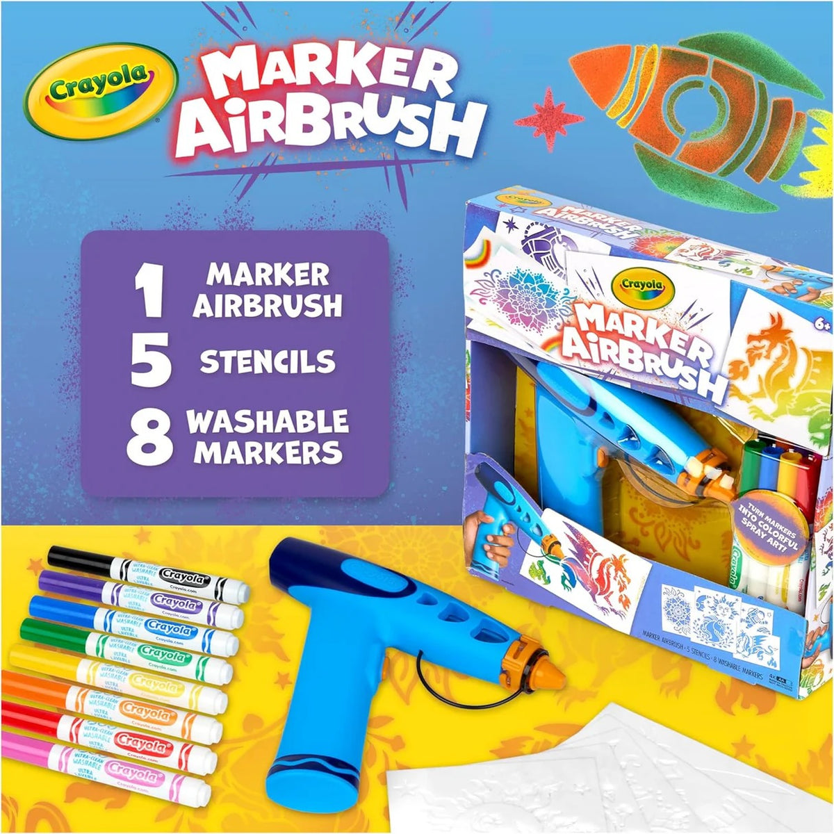 Marker Airbrush Spray Art Kit, Battery-Powered Sprayer with 8 Washable Markers & 5 Stencils