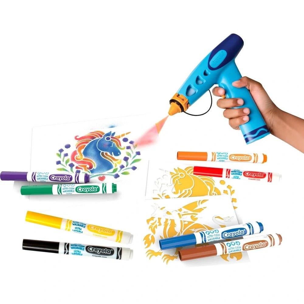 Marker Airbrush Spray Art Kit, Battery-Powered Sprayer with 8 Washable Markers & 5 Stencils