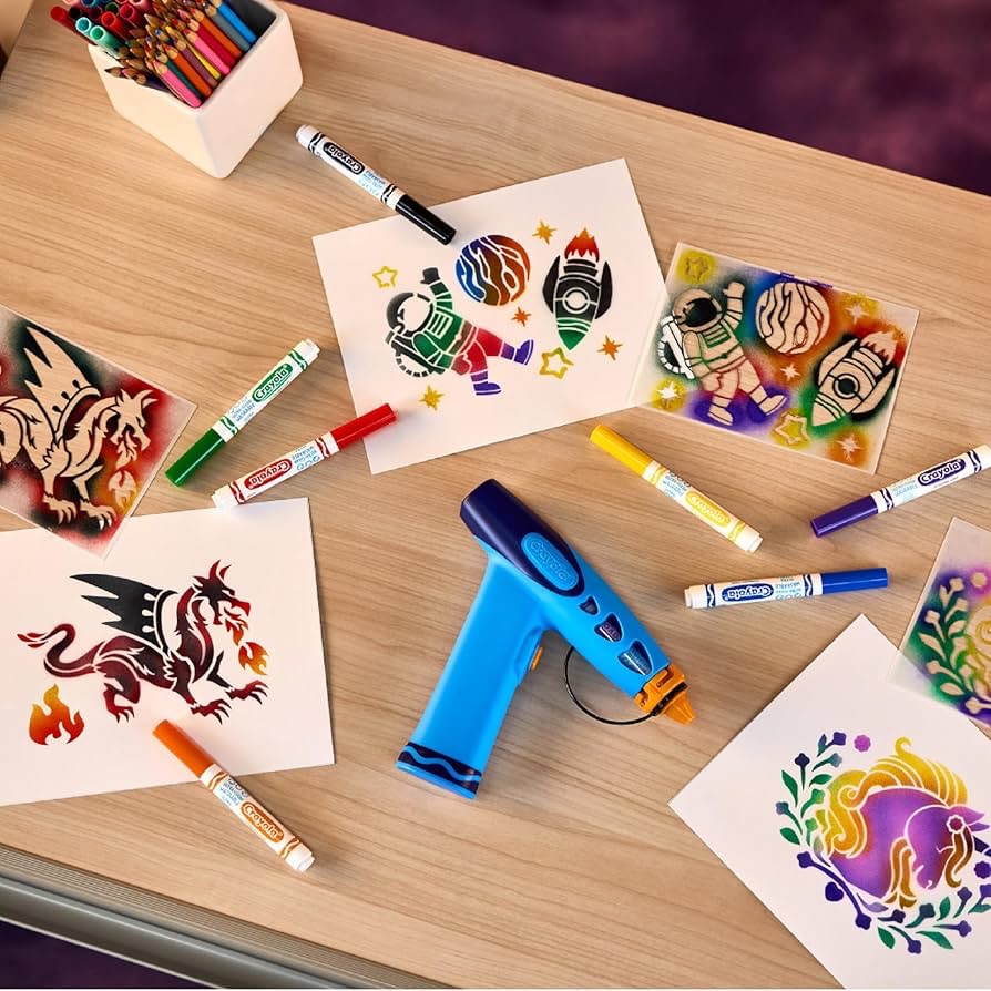 Marker Airbrush Spray Art Kit, Battery-Powered Sprayer with 8 Washable Markers & 5 Stencils