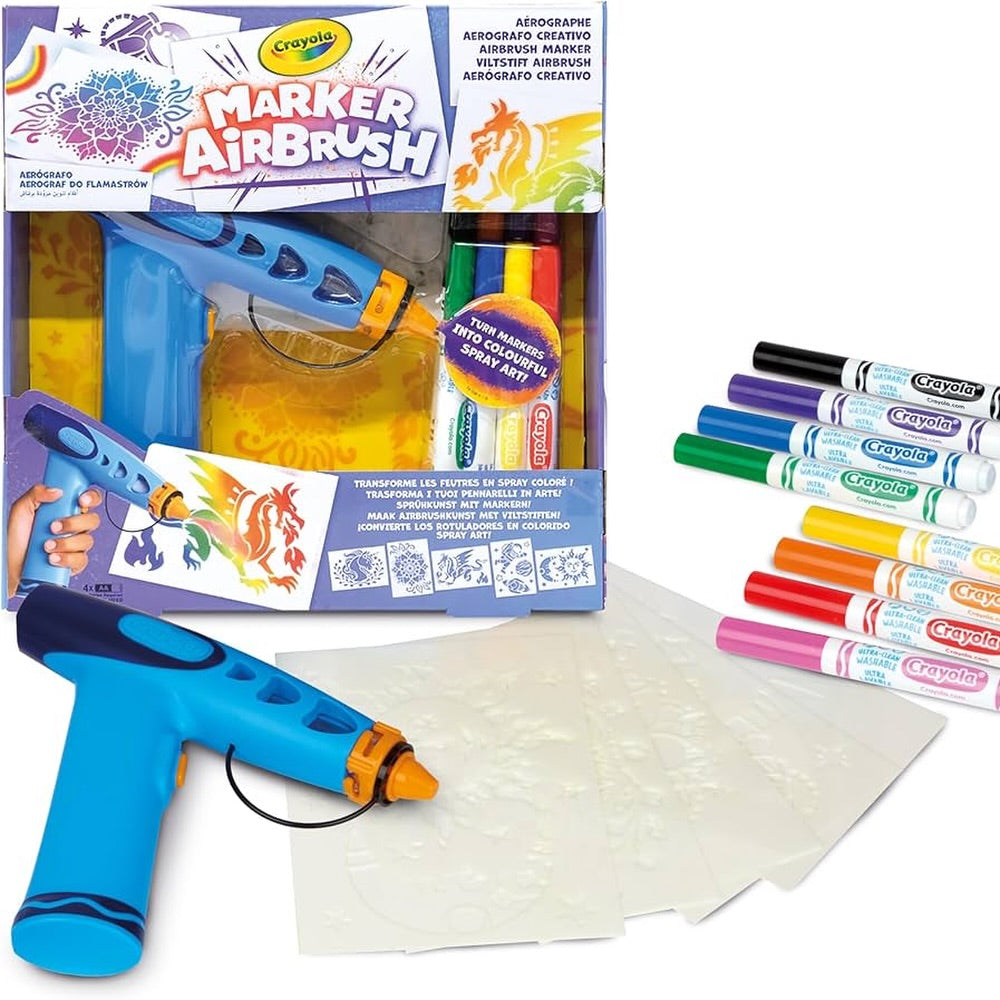 Marker Airbrush Spray Art Kit, Battery-Powered Sprayer with 8 Washable Markers & 5 Stencils