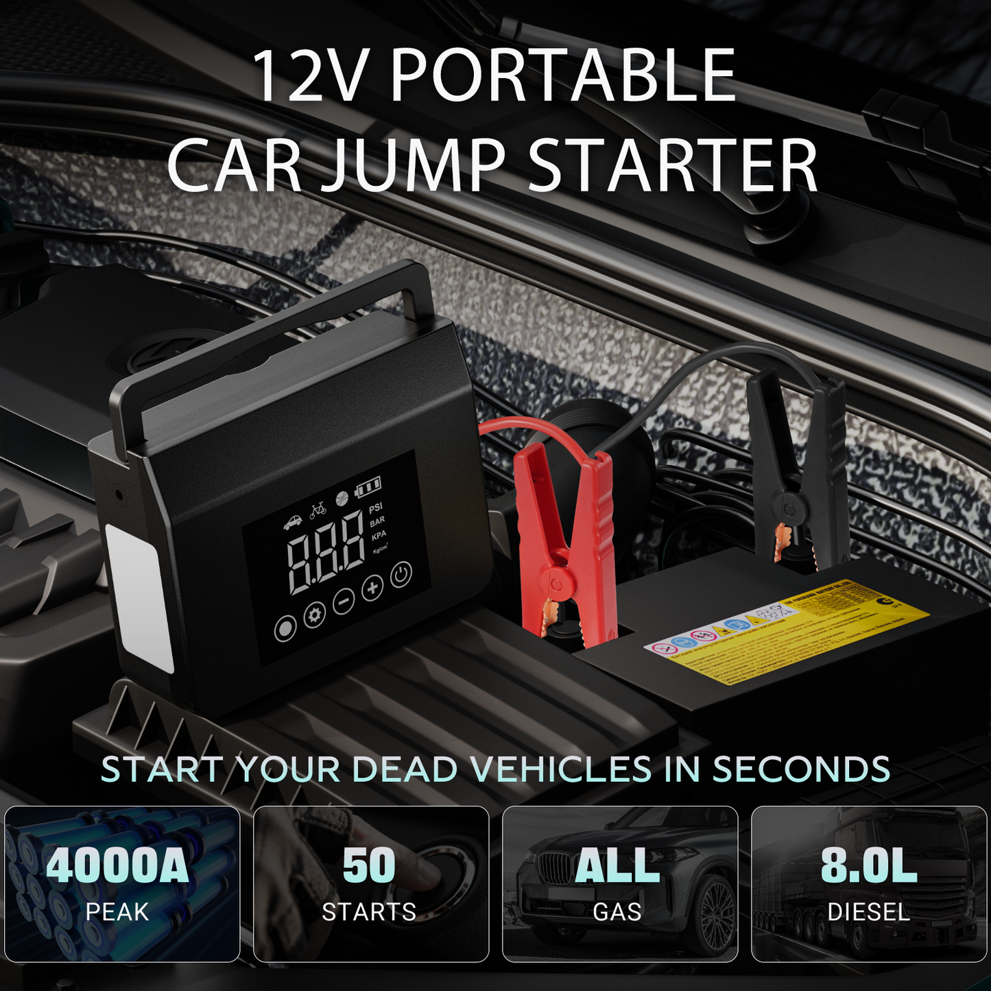 4000A Car Jump Starter with Smart Air Compressor – 15000mAh Battery Pack