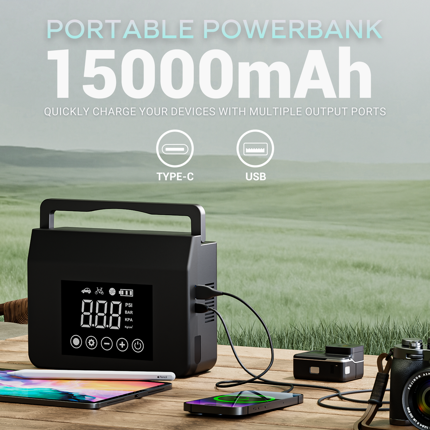 4000A Car Jump Starter with Smart Air Compressor – 15000mAh Battery Pack